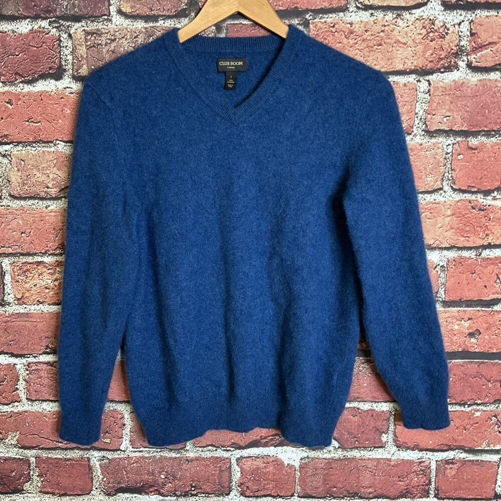 Club Room Cashmere Luxury Blue Sweater Pullover V-Neck Cozy Minimalist Large